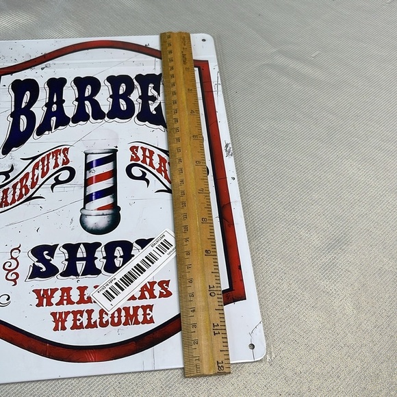 Vintage Vibe NWT Barber Shop Metal Tin Sign Haircuts Shaves Walk-ins Red Black - Picture 5 of 6